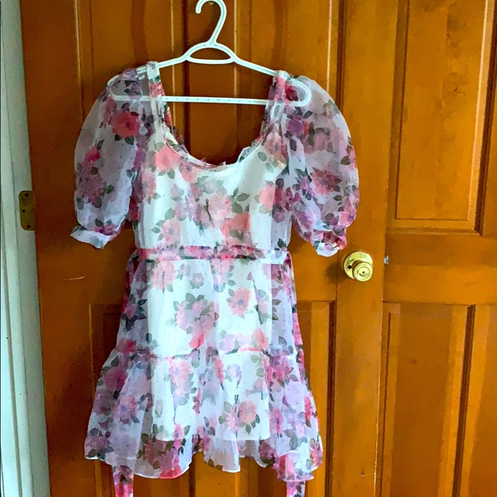 Sleeve Fit And Flare Dress in Pink & Blue Floral